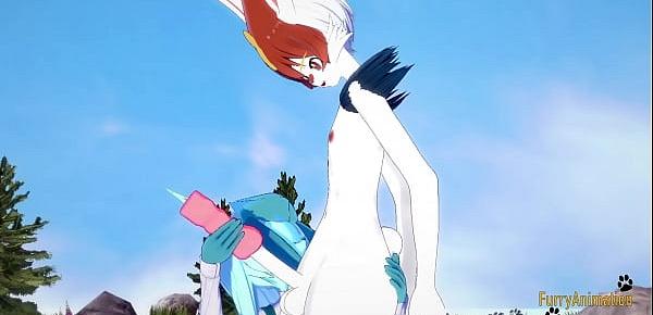  Pokemon Hentai Furry Yiff 3D - Glaceon handjob and fucked by Cinderace with creampie